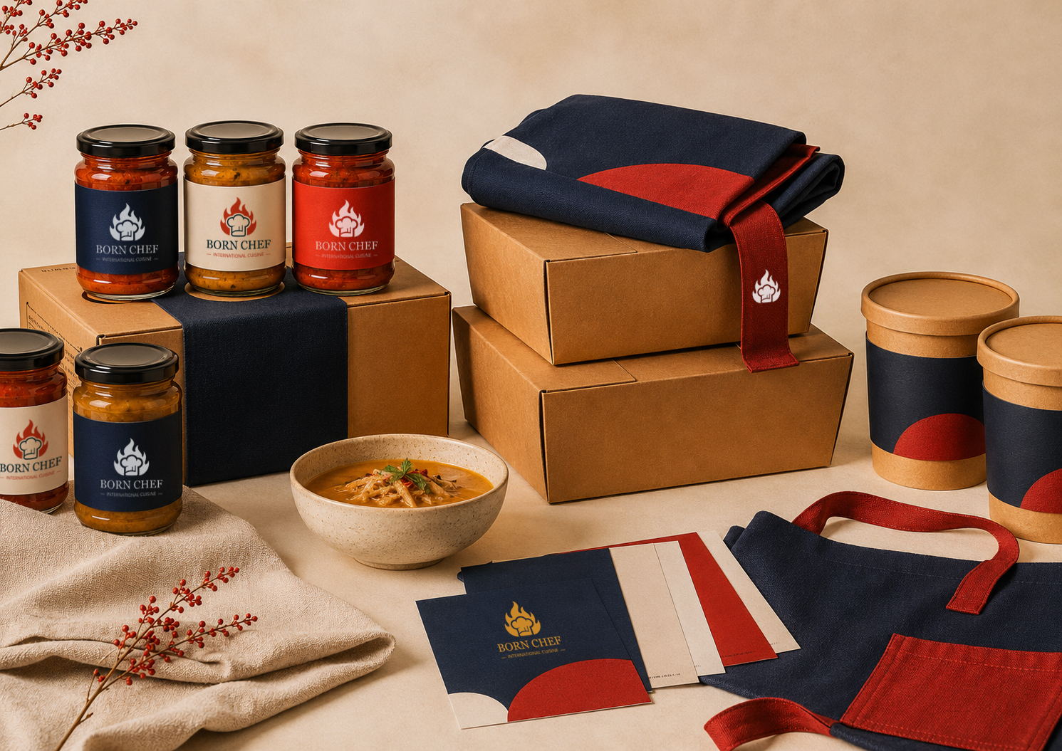 Born Chef sauces in branded jars beside kraft packaging, a navy apron, and cups.