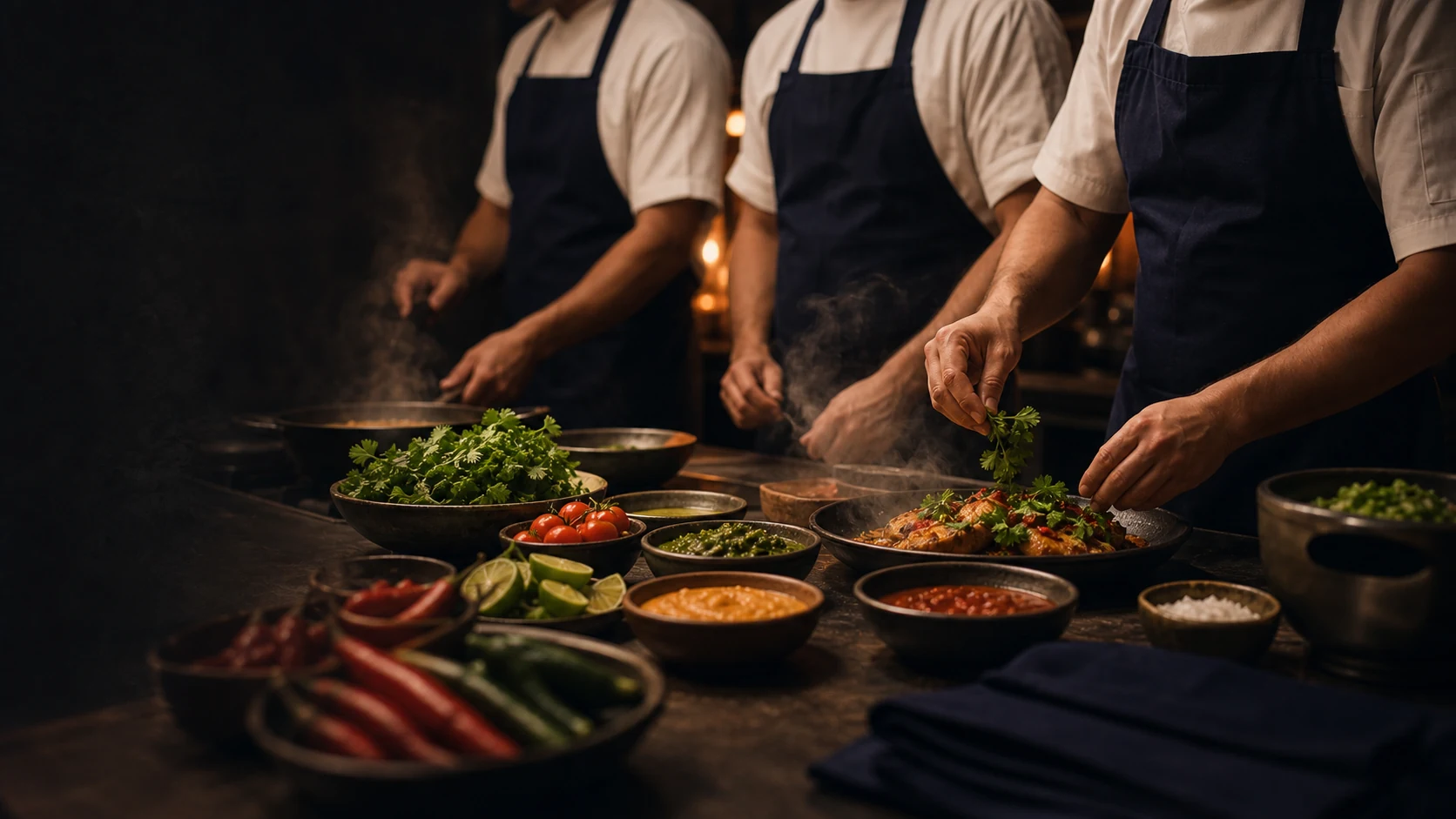 The Born Chef team working the line in navy aprons, plating dishes amid bowls of herbs and sauces.