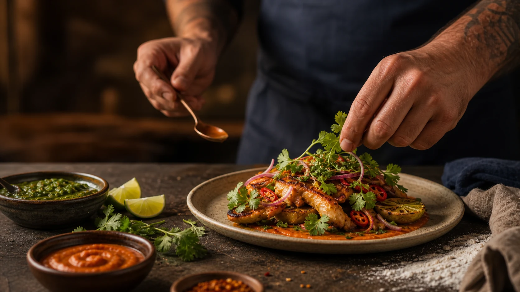 A Born Chef cook plating grilled chicken, finishing with fresh herbs and a side of chimichurri.