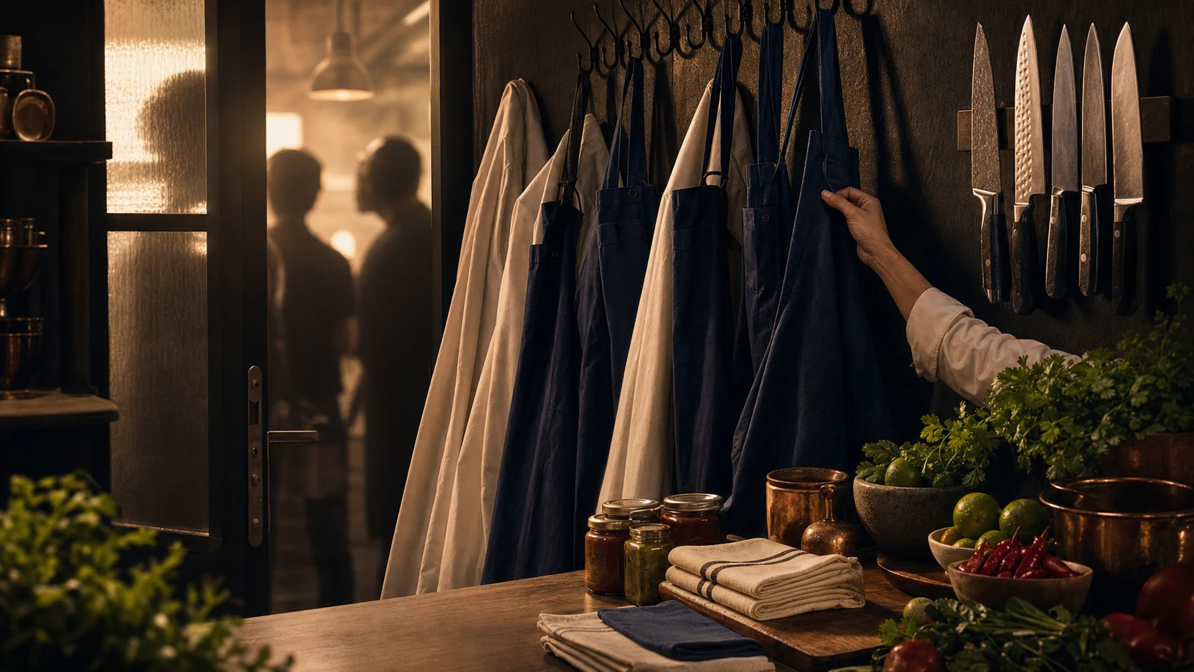 Navy and cream aprons hanging on hooks beside a magnetic strip of chef&rsquo;s knives, with chefs silhouetted in the doorway behind.