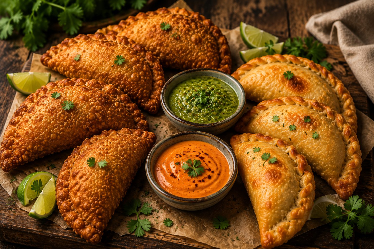 A spread of golden Born Chef empanadas with bright green and ember-orange dipping sauces.