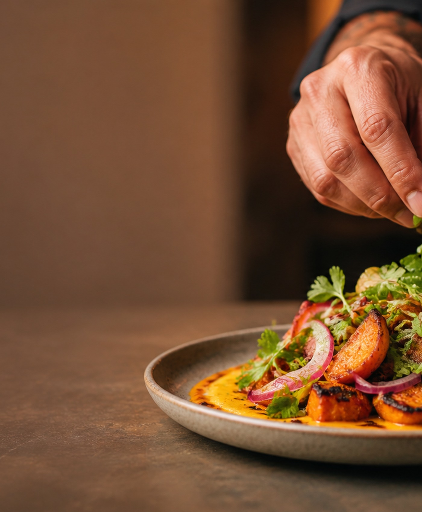 A chef&rsquo;s hand finishing a plate with fresh herbs in warm light.