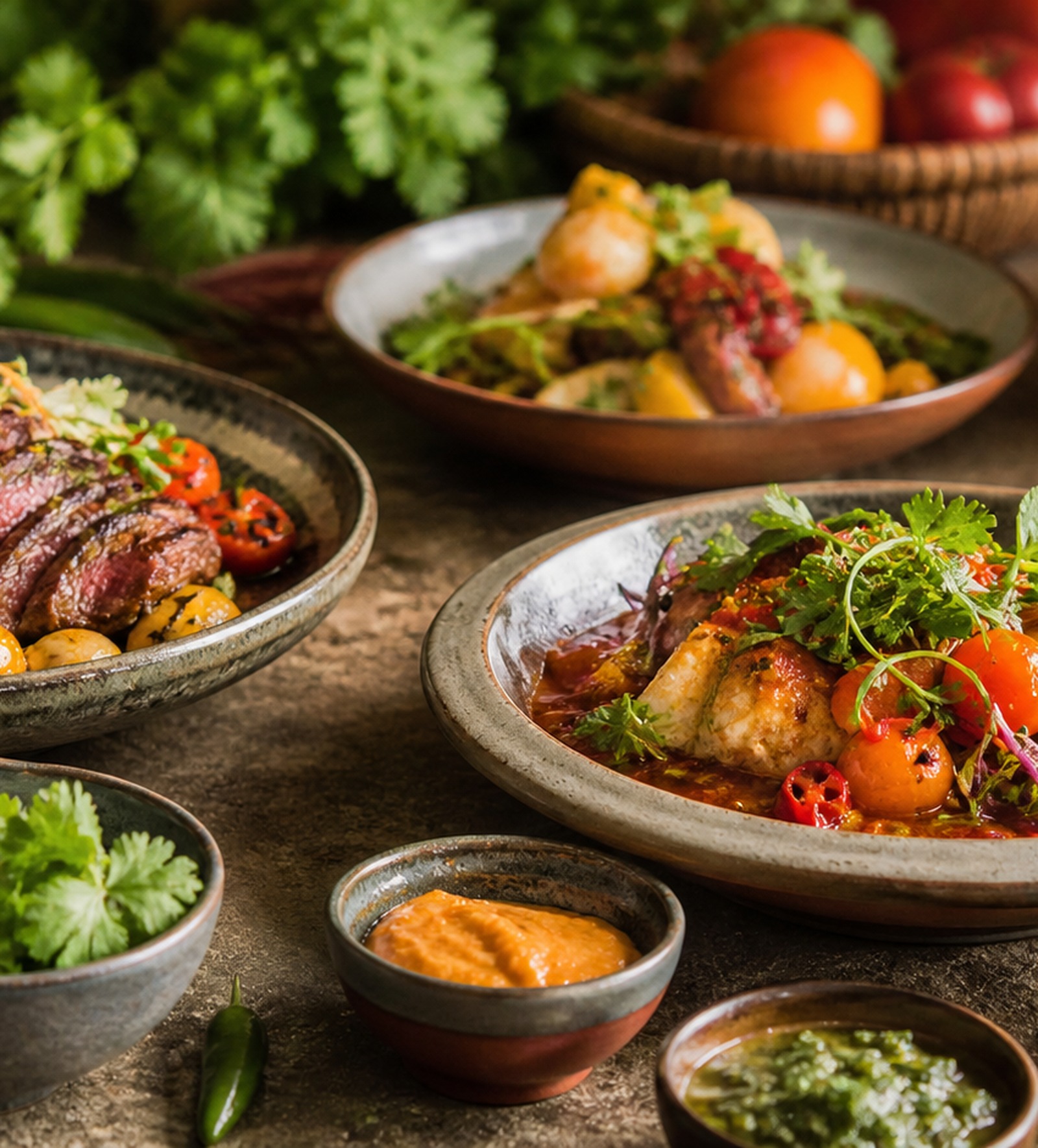 A catering spread of Born Chef international dishes &mdash; bowls of stew, roasted vegetables, and bright sauces in warm light.