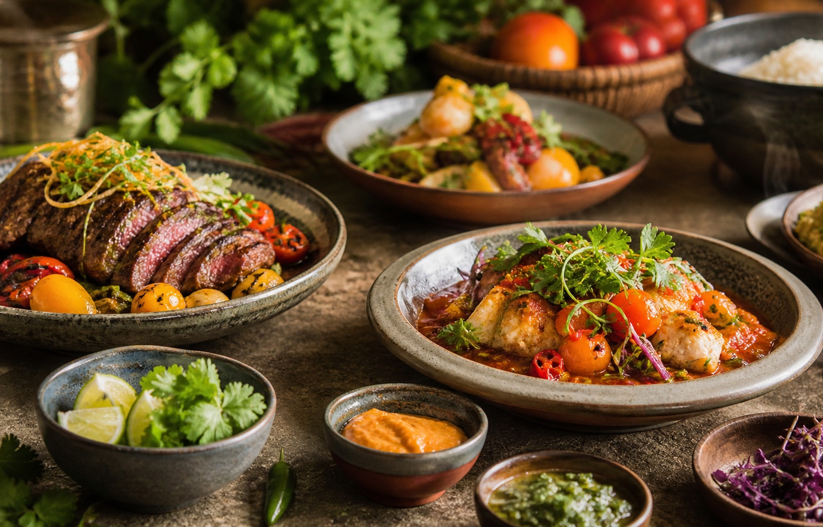A spread of Born Chef international dishes &mdash; steak, fish in sauce, roasted vegetables, and small bowls of bright sauces in warm light.