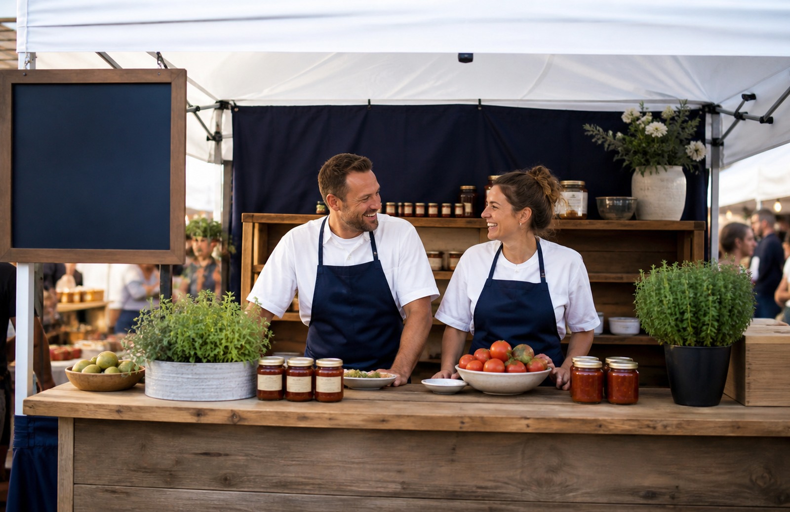 The Born Chef market booth with the team and jars of sauce.