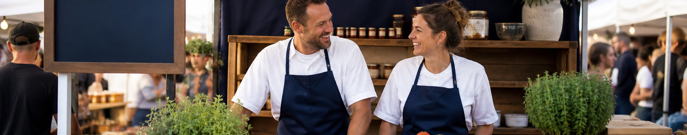 The Born Chef team behind the market counter, smiling, with jars of sauce and fresh herbs around them.